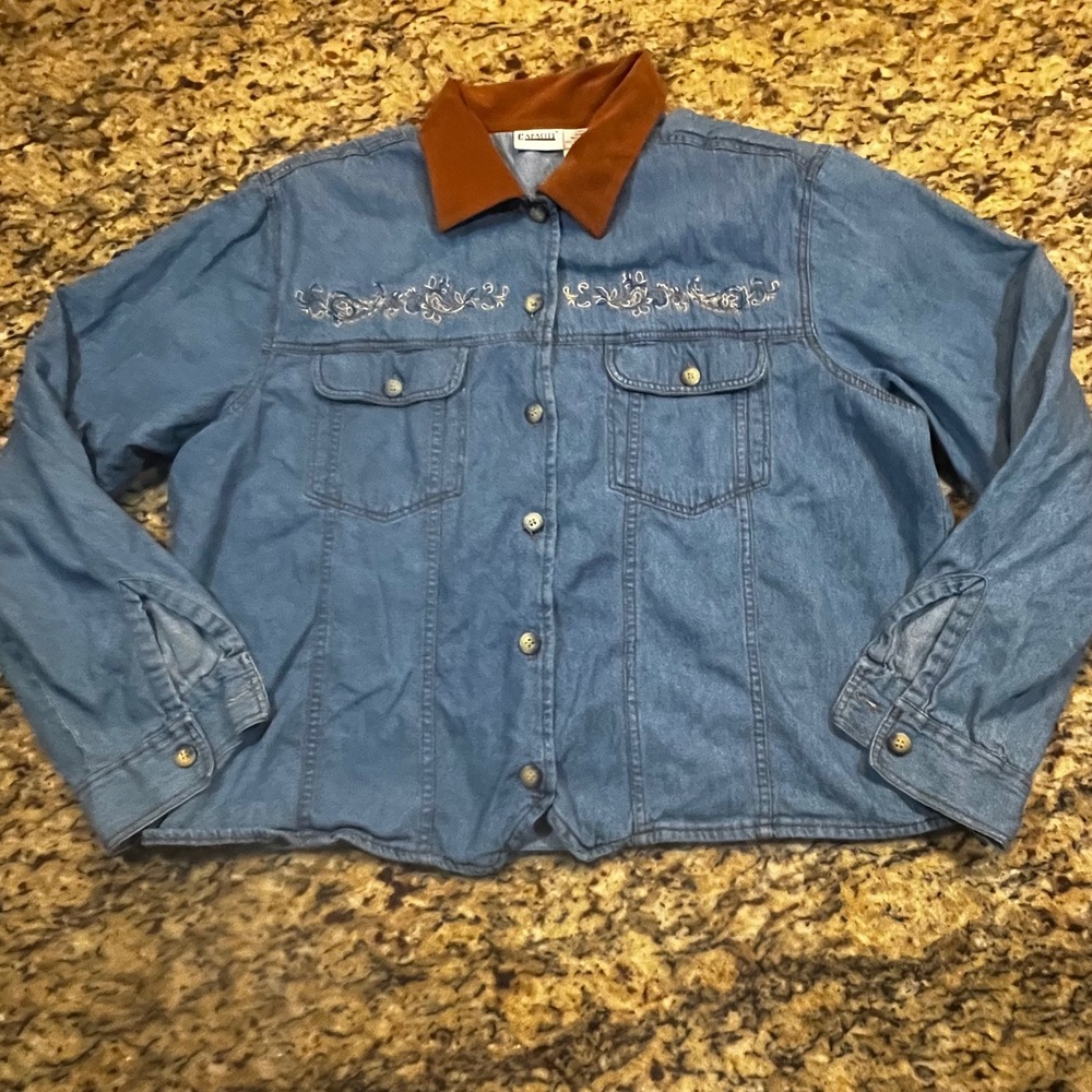Vintage Capacity Denim Shirt Womens Large Blue Floral Embroidered Western